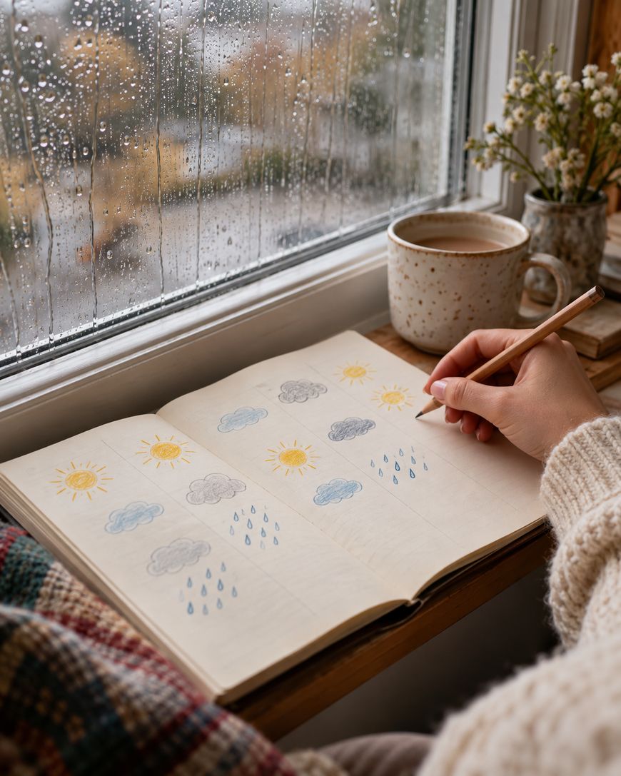 A person draws weather icons, including suns and raindrops, in a notebook while sitting by a rainy window with a cup of coffee.