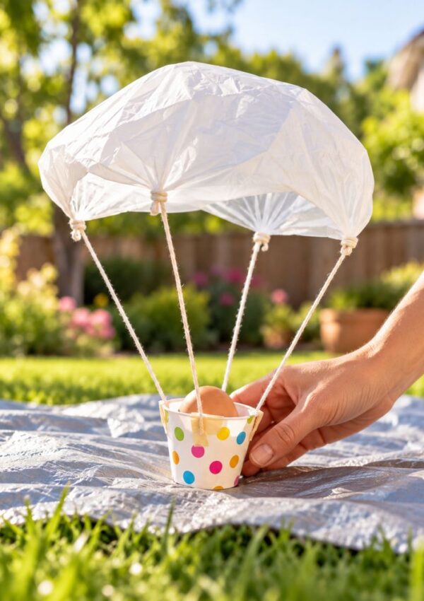 A hand holds a polka-dot paper cup containing an egg, attached to a small white plastic parachute, resting on a picnic blanket.