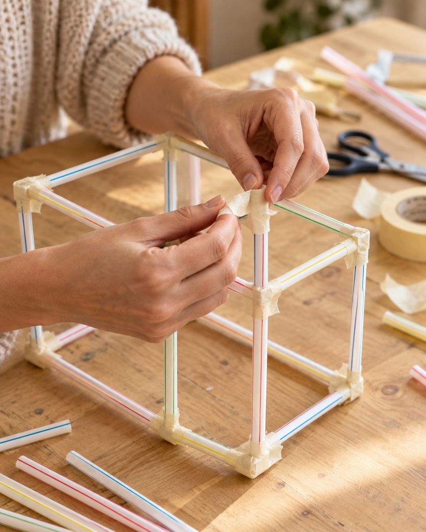 Hands taping plastic drinking straws together to construct a cube frame on a wooden table.