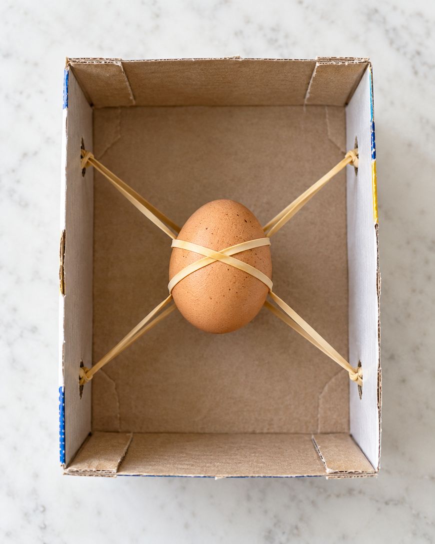 A brown egg suspended in the center of a cardboard box by four crisscrossed rubber bands.