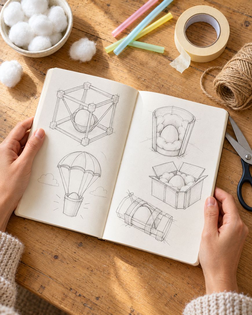 Hands hold an open sketchbook displaying pencil drawings of various ways to package or protect an egg.