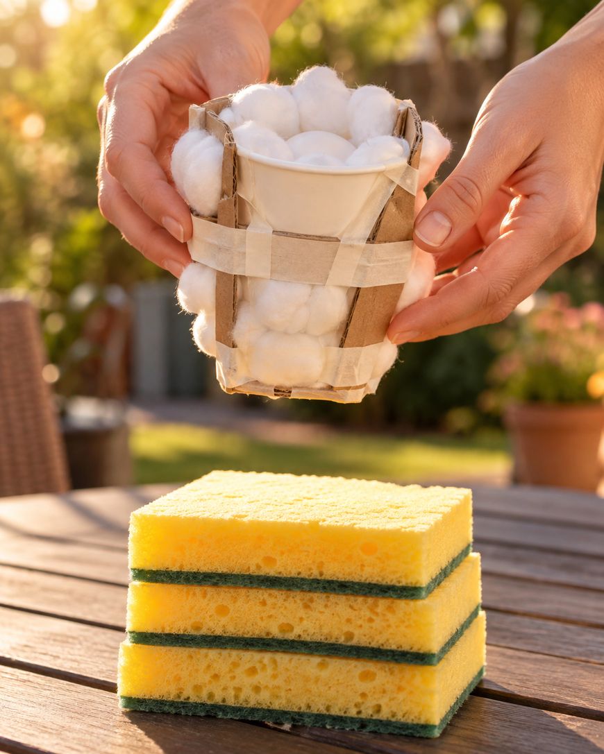 Hands holding a paper cup wrapped in cardboard and filled with cotton balls above a stack of three yellow and green sponges on a wooden table.