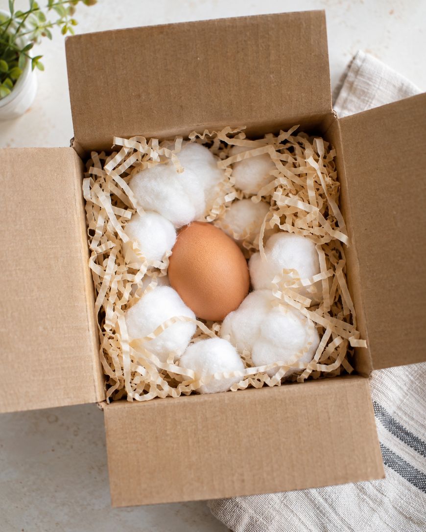 A brown chicken egg nestled in a small cardboard box filled with paper shred and cotton balls.