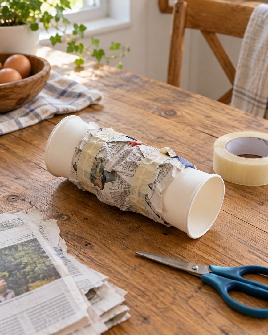 Two paper cups joined together with newspaper and masking tape lying on a wooden table next to scissors and tape.