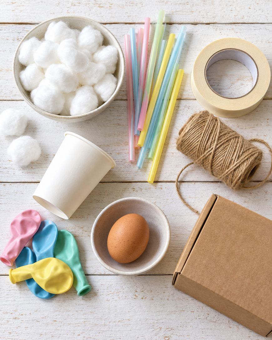 Craft supplies on a white wooden surface, including a bowl of cotton balls, colorful straws, masking tape, twine, a paper cup, balloons, an egg in a small bowl, and a cardboard box.