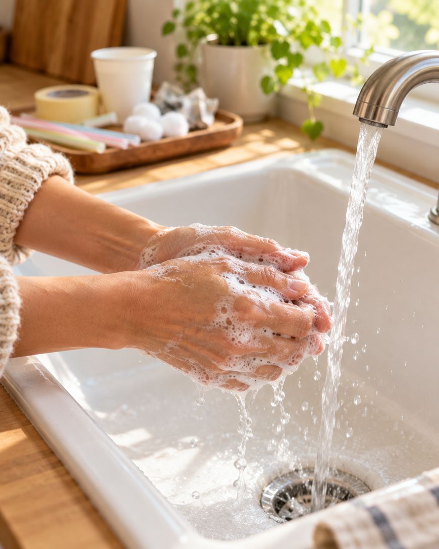 Hands covered in soapy lather being rinsed under a kitchen faucet.