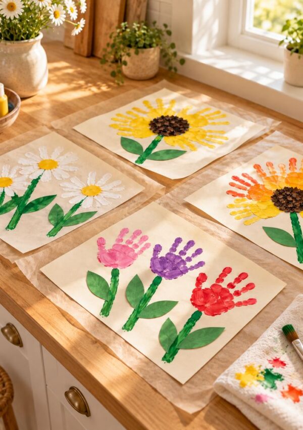 Four pieces of paper on a wooden table, each featuring handprint flower crafts with painted petals and paper leaves.
