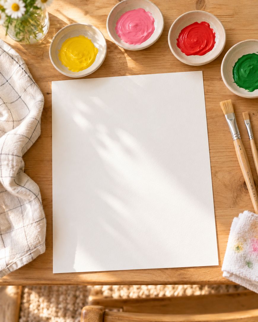 A blank sheet of white paper centered on a wooden table, surrounded by small dishes of paint, two paintbrushes, and a cloth.