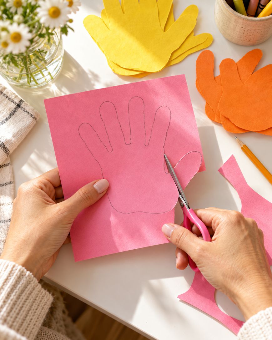 Hands using pink scissors to cut a hand-shaped outline out of pink construction paper.
