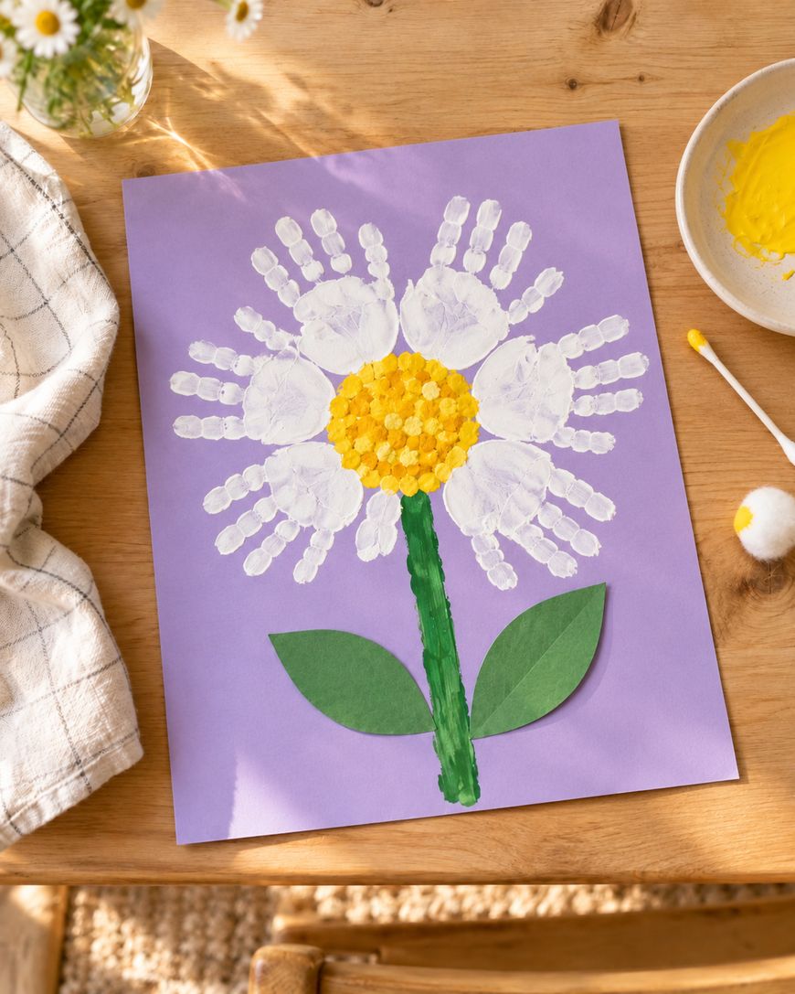 A craft project on purple paper featuring a flower made of white handprint petals, a yellow finger-painted center, and a green painted stem with paper leaves.