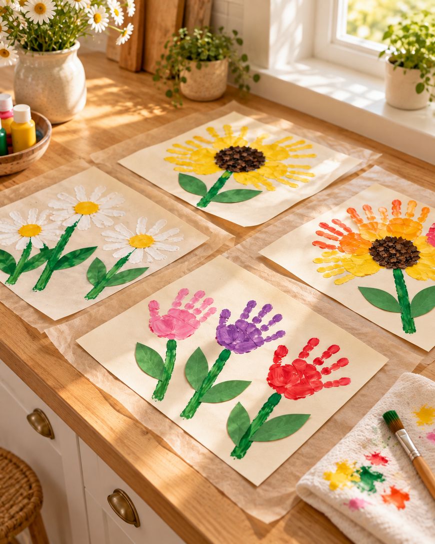 Three pieces of paper with handprint flower paintings, including a yellow sunflower, white daisies, and pink, purple, and red flowers, displayed on a wooden table.