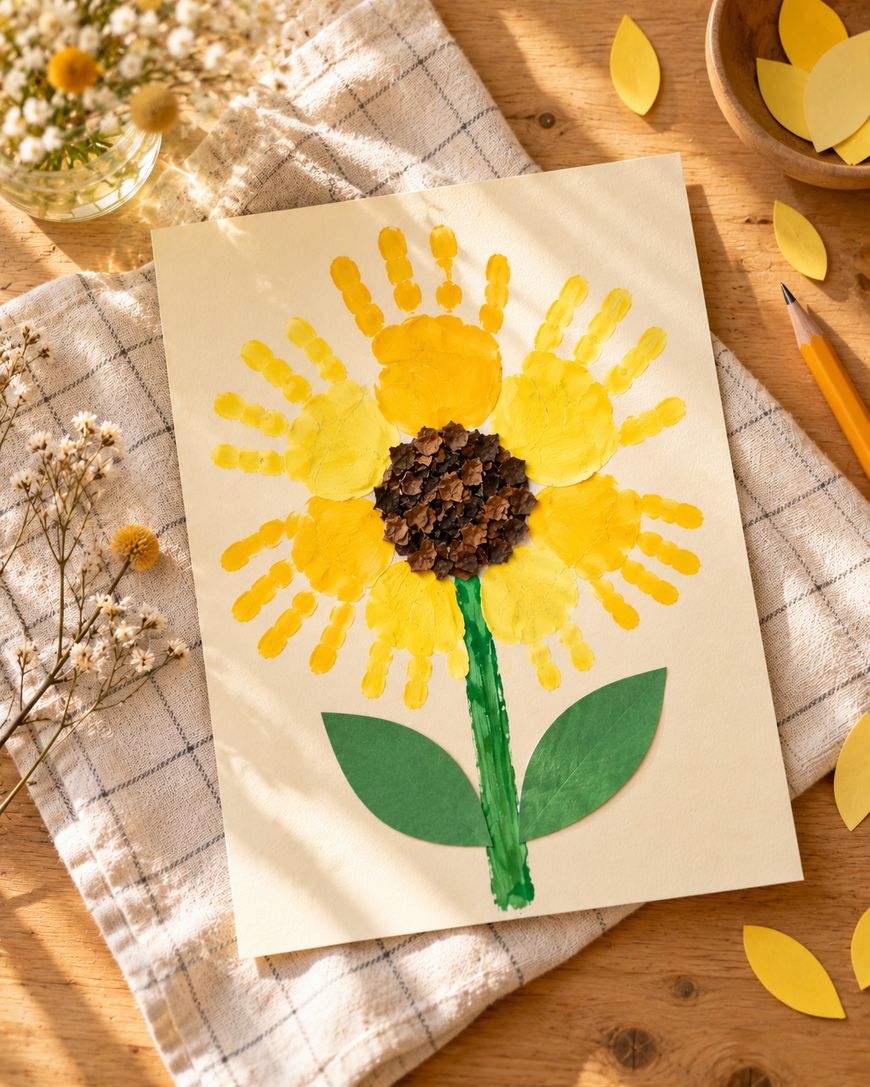 A handprint craft of a sunflower with a brown textured center on cream-colored paper.
