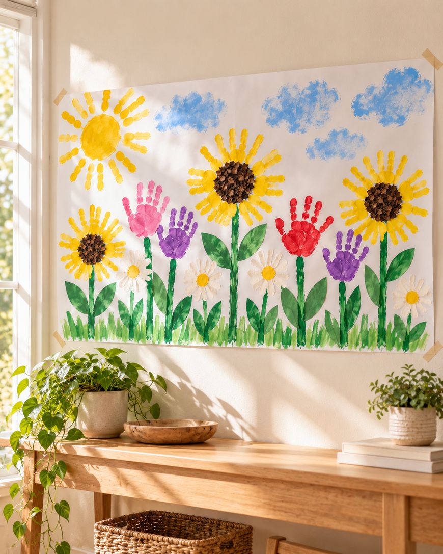 A childs painting of a sun and various flowers made from handprints, hanging on a wall above a wooden table with potted plants.