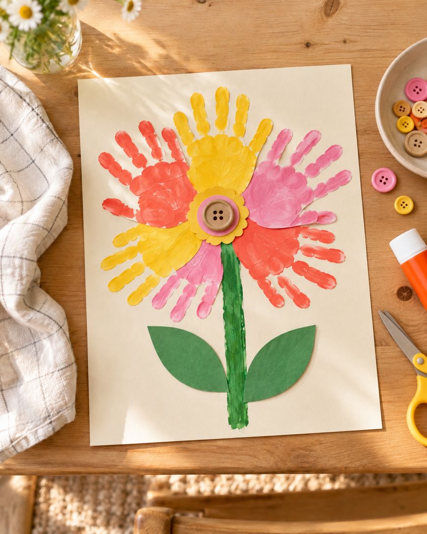 A childs craft project of a flower made from handprint cutouts, with a button center and a painted green stem, on a wooden table with craft supplies.