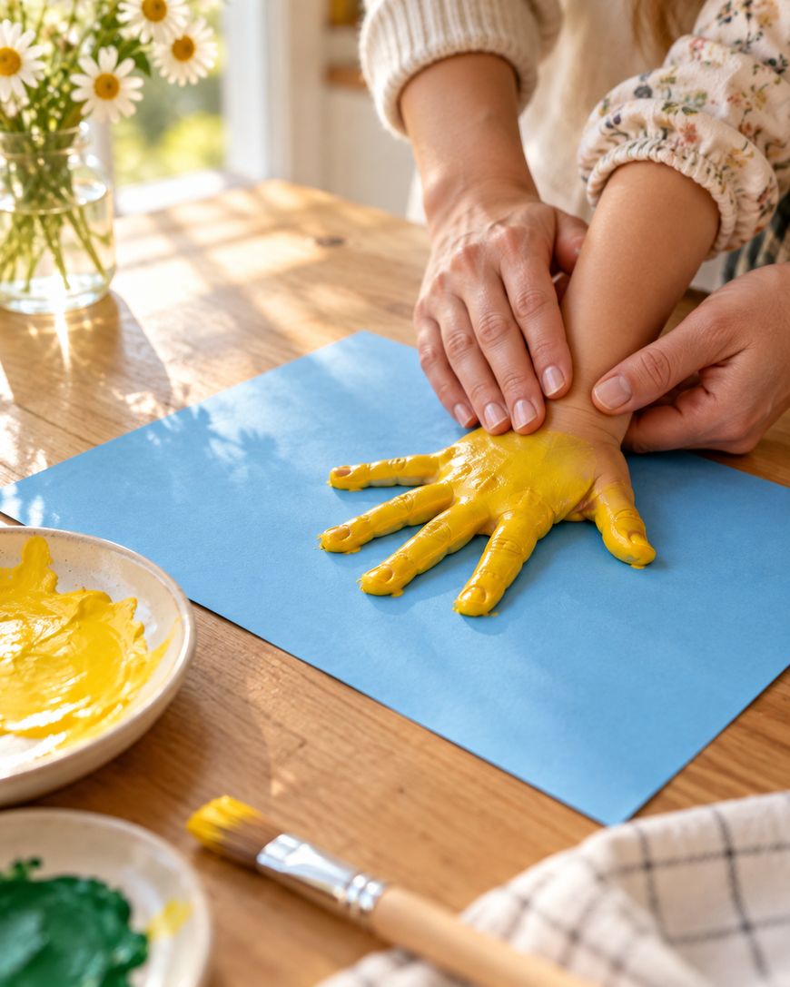 An adult helps a child press their yellow-painted hand onto a blue sheet of paper.