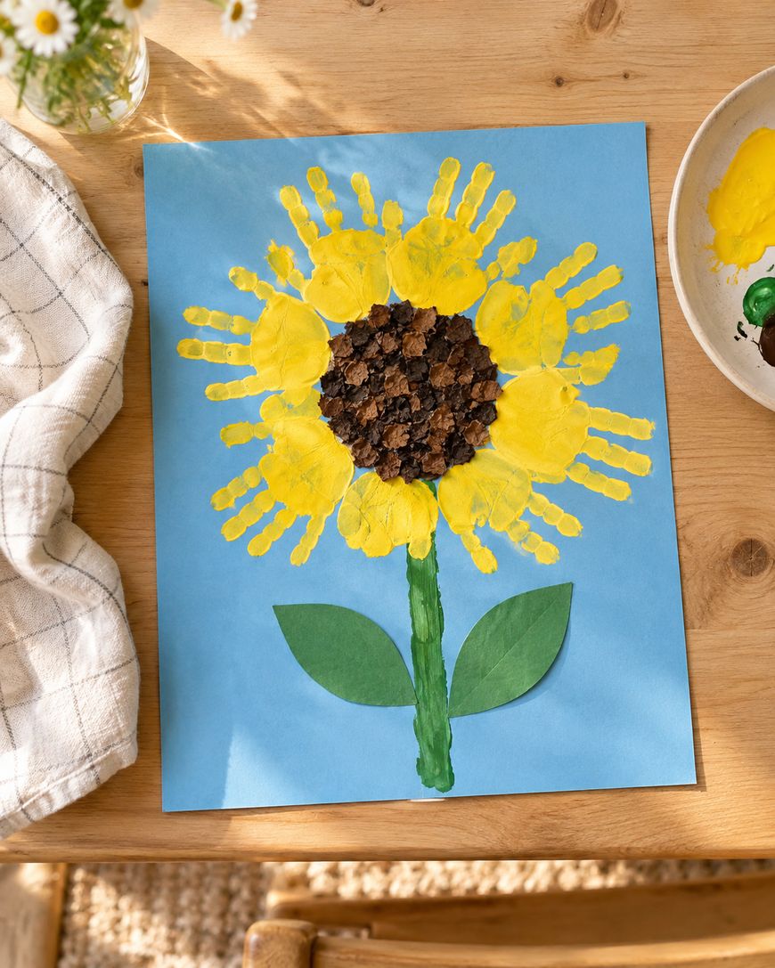 A childs craft project on blue paper depicting a sunflower with yellow handprint petals and a brown cereal center, on a wooden table.