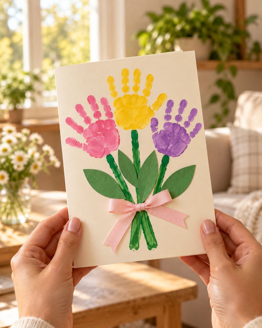 Hands hold a handmade greeting card featuring a painted bouquet of three handprints in yellow, pink, and purple, tied with a pink ribbon.