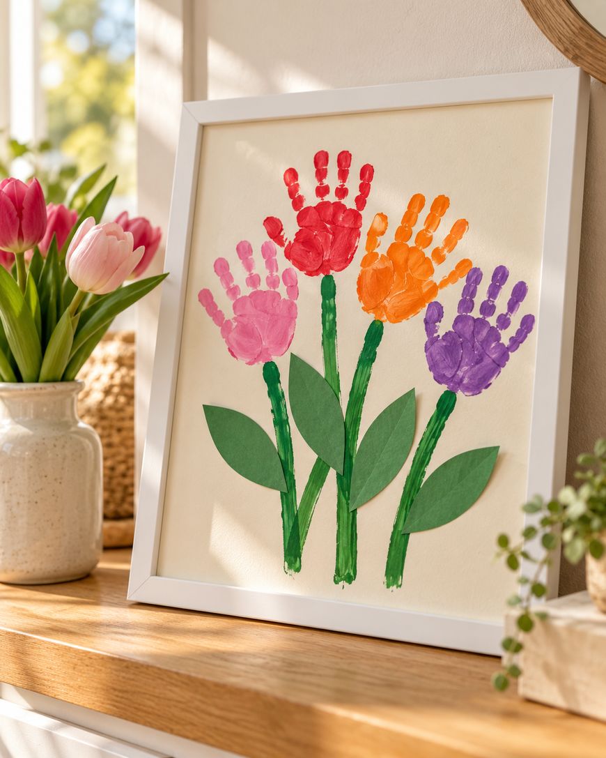 Framed artwork of four handprint flowers in pink, red, orange, and purple, with painted green stems and paper leaves.