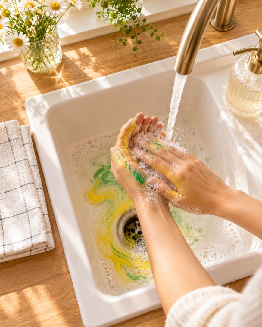 Hands being washed in a white kitchen sink with bubbly soap colored by swirls of green and yellow paint.