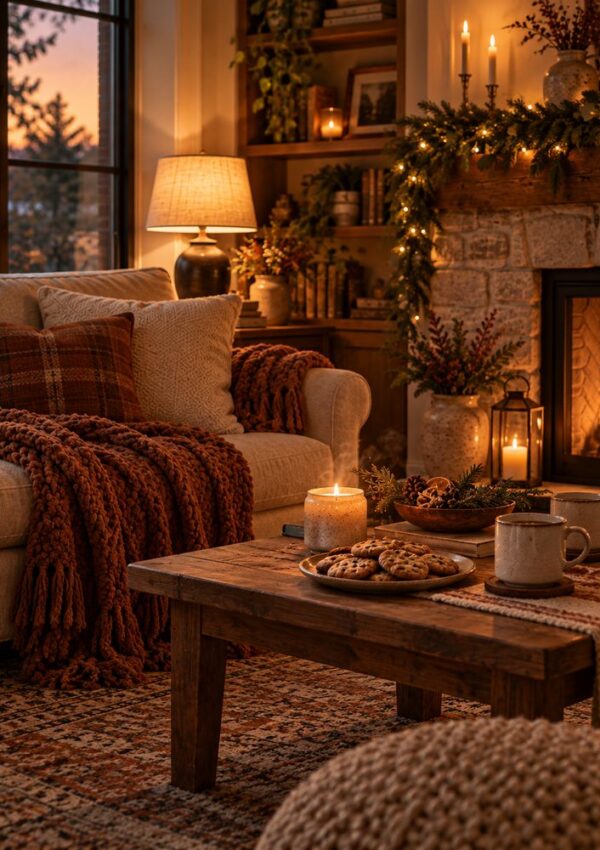 A cozy living room at sunset featuring a fireplace with a lit fire, a sofa with a chunky knit blanket, and a wooden coffee table set with a plate of cookies and mugs.