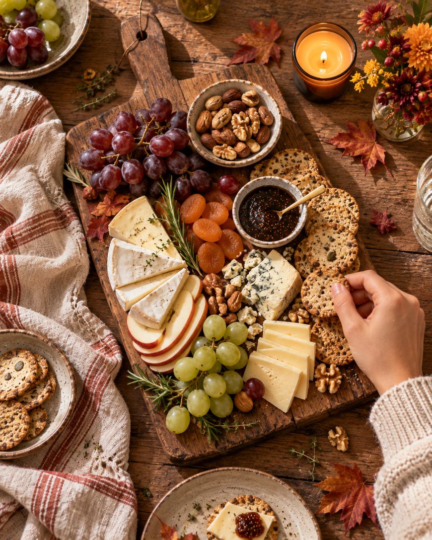 A hand picks a cracker from a charcuterie board featuring various cheeses, red grapes, dried apricots, walnuts, and a small dish of jam, arranged on a wooden serving board.