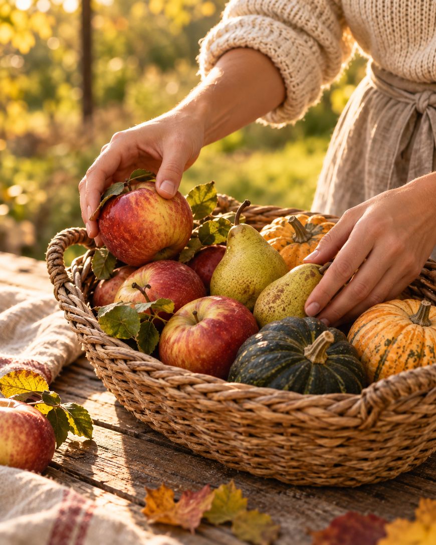 Hands placing a red apple into a wicker basket filled with apples, pears, and small pumpkins on a wooden table.