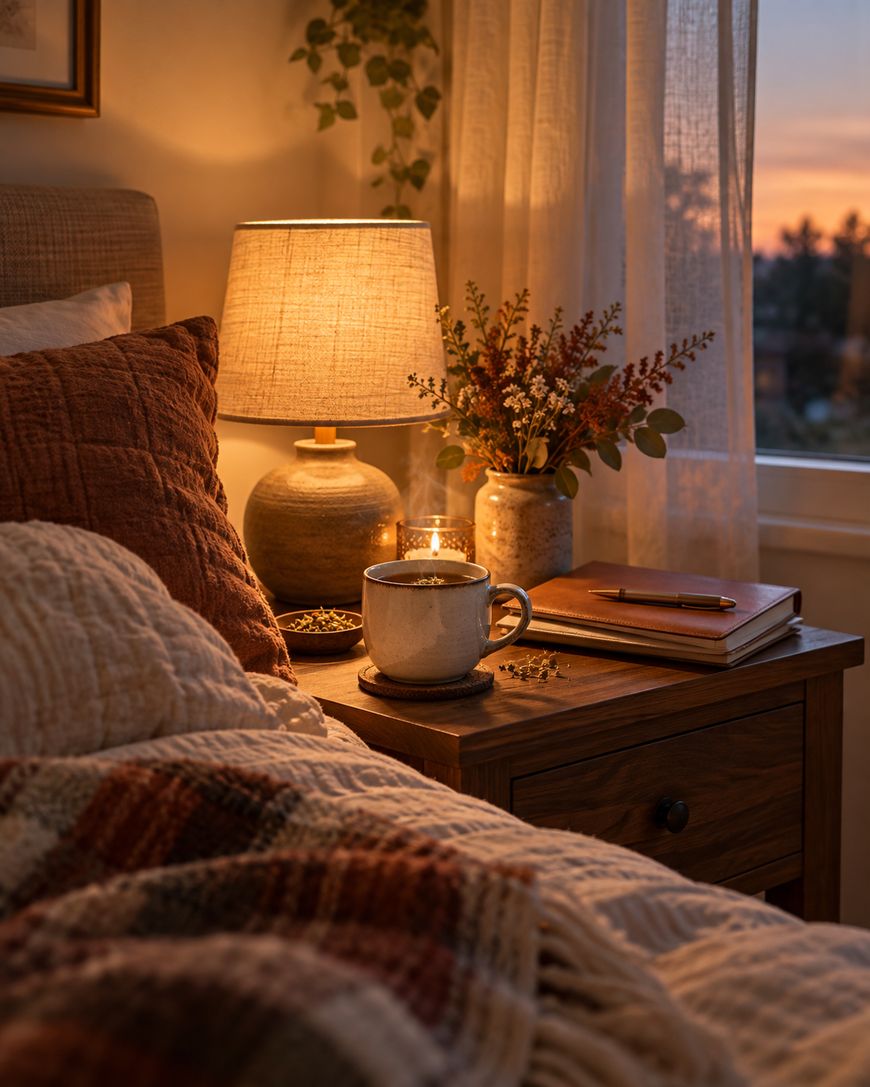 A bedside table with a steaming mug, a lit candle, a notebook with a pen, and a vase of flowers next to a lamp at sunset.