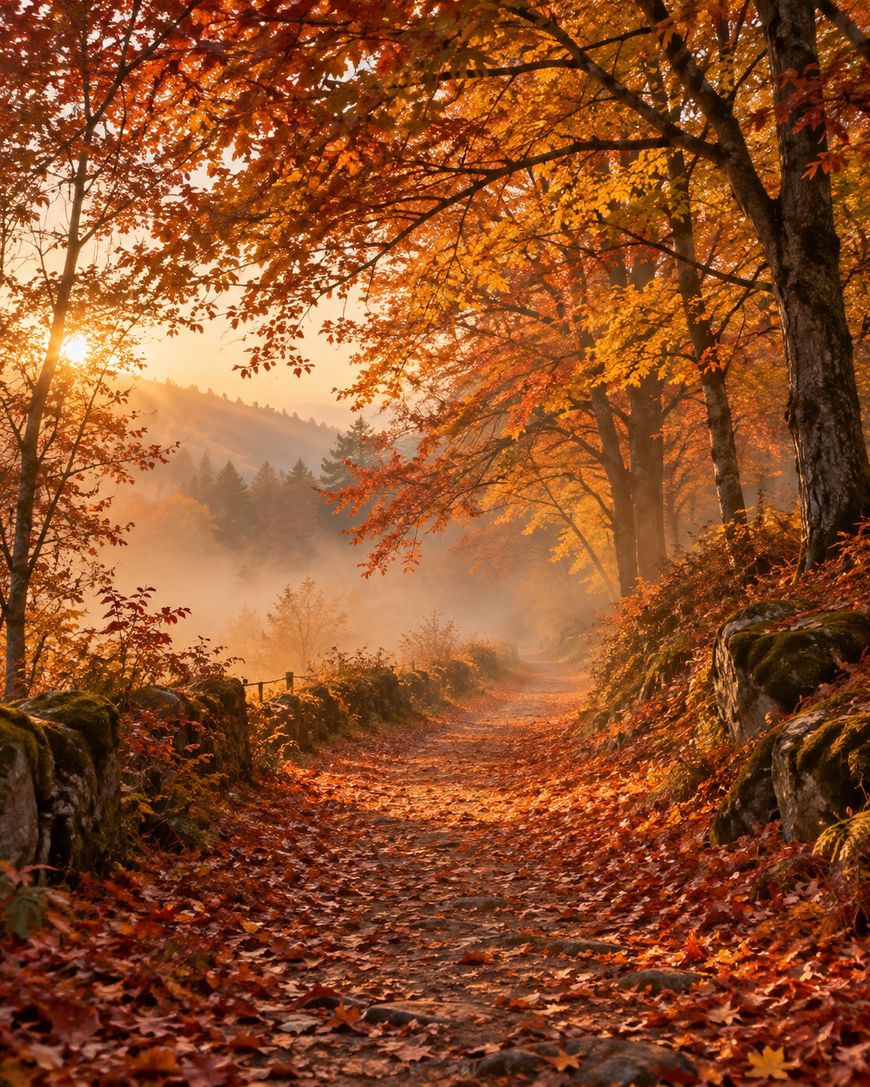 A dirt path covered in fallen autumn leaves leads through a forest with golden foliage and misty mountains in the distance.
