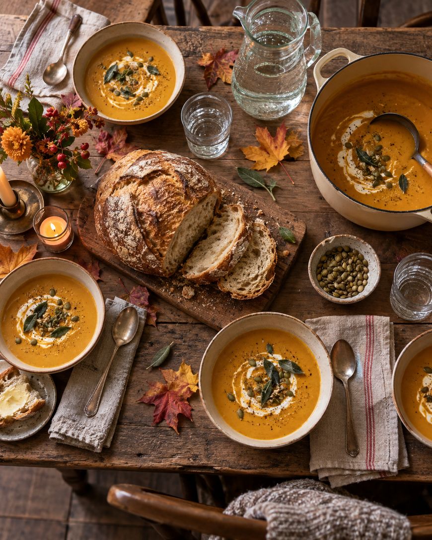 Bowls of orange soup garnished with cream and pumpkin seeds, served with a loaf of rustic bread on a wooden table decorated with autumn leaves and lit candles.