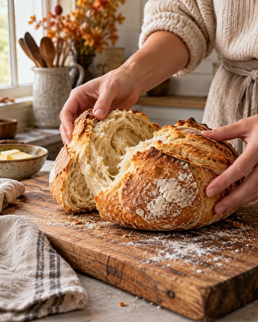 Hands pulling apart a rustic loaf of crusty sourdough bread on a wooden cutting board.