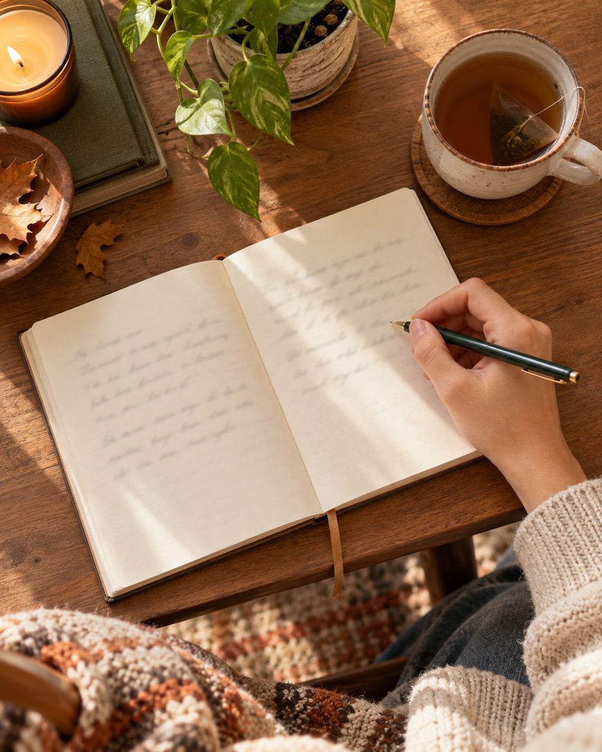 A person writes in an open notebook on a wooden desk, accompanied by a cup of tea, a candle, and a small potted plant.