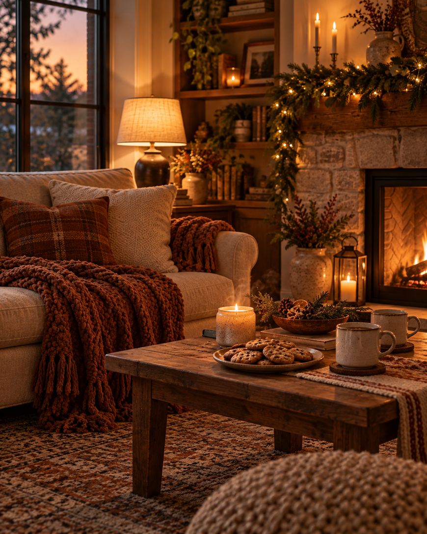 A cozy living room with a lit fireplace, a plush couch covered in a knit blanket, and a wooden coffee table holding a plate of cookies and two mugs.