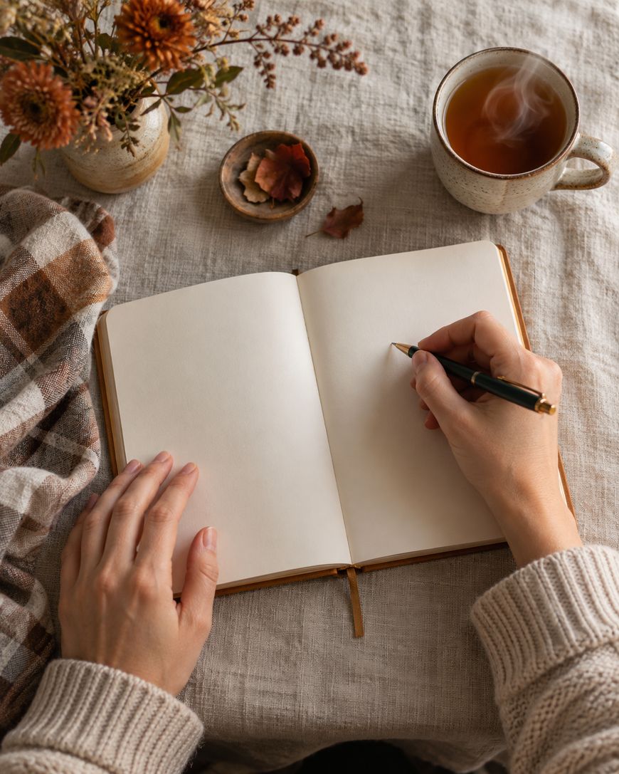 Hands writing in an open notebook on a linen surface next to a steaming mug of tea and a small vase of dried flowers.