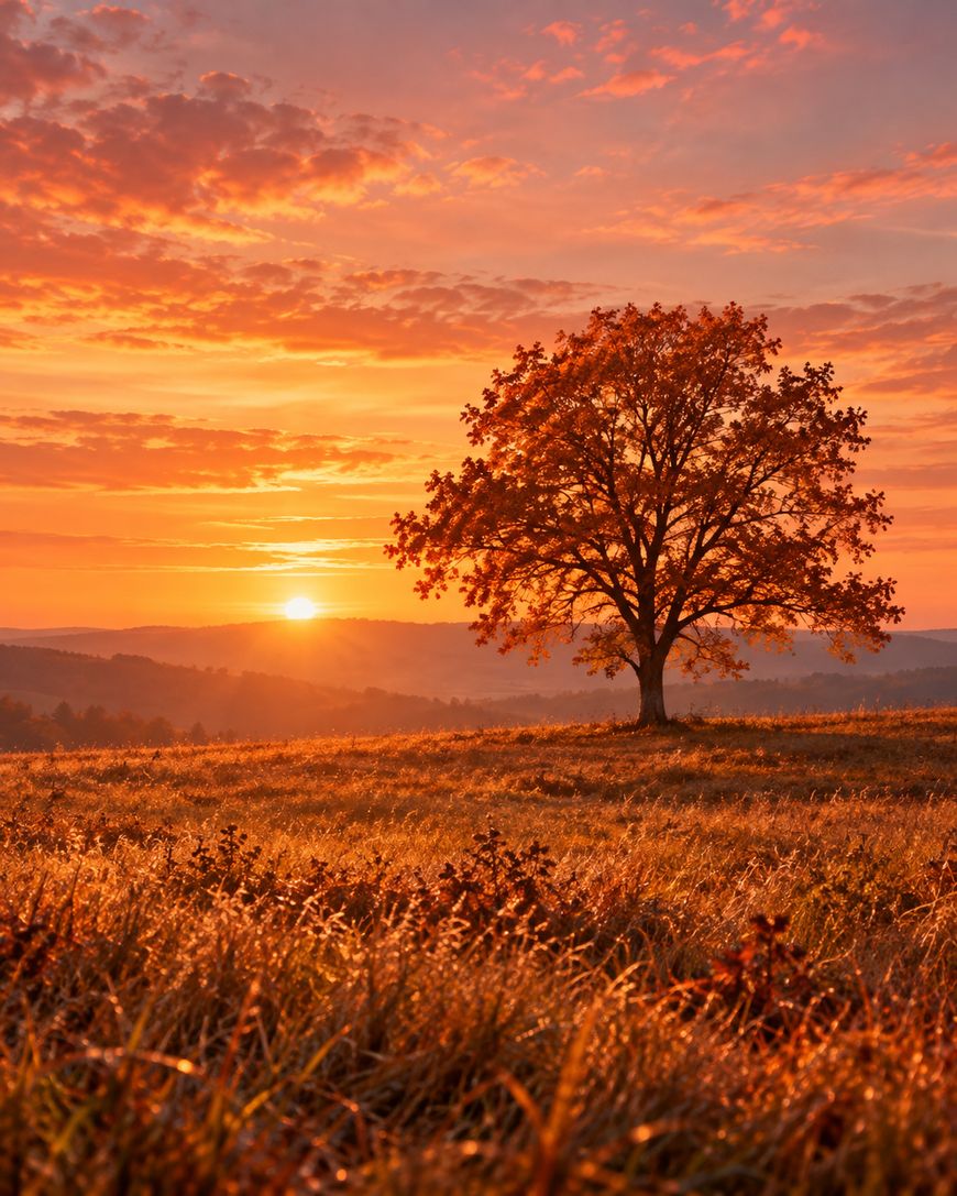 A lone tree stands in a grassy field during a vibrant orange sunset.