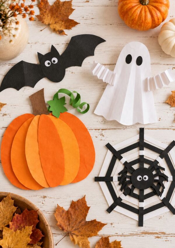 Paper crafts for Halloween including a bat, a ghost, a pumpkin, and a spider on a web, arranged on a rustic white wood surface with autumn leaves.