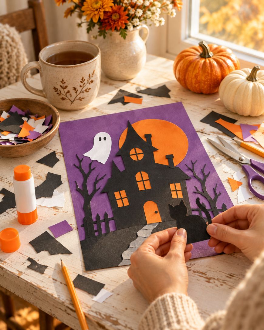 Hands placing a paper black cat onto a handmade Halloween-themed craft depicting a haunted house, a ghost, and a full moon.