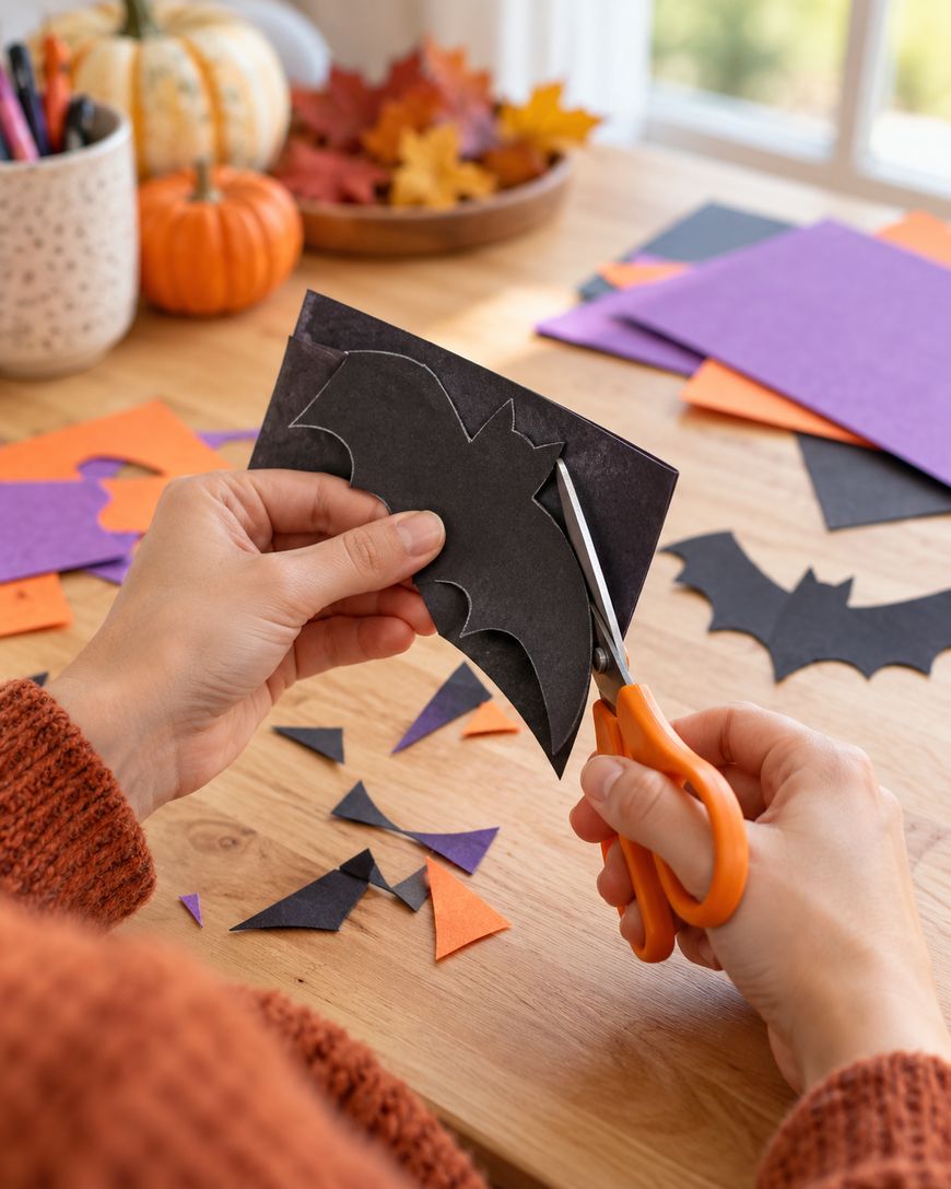 Hands using orange scissors to cut a bat shape out of black construction paper.