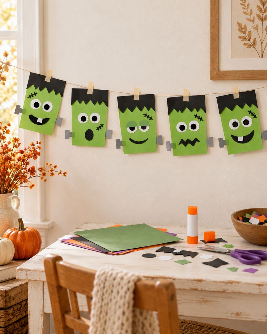 A garland of five handmade Frankenstein monster faces made from green construction paper hangs above a craft table.
