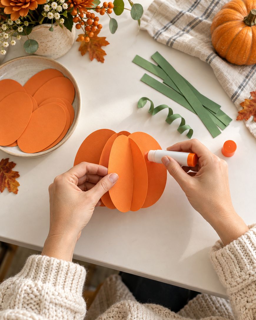 Hands assemble a paper pumpkin craft by using a glue stick to join orange paper segments.