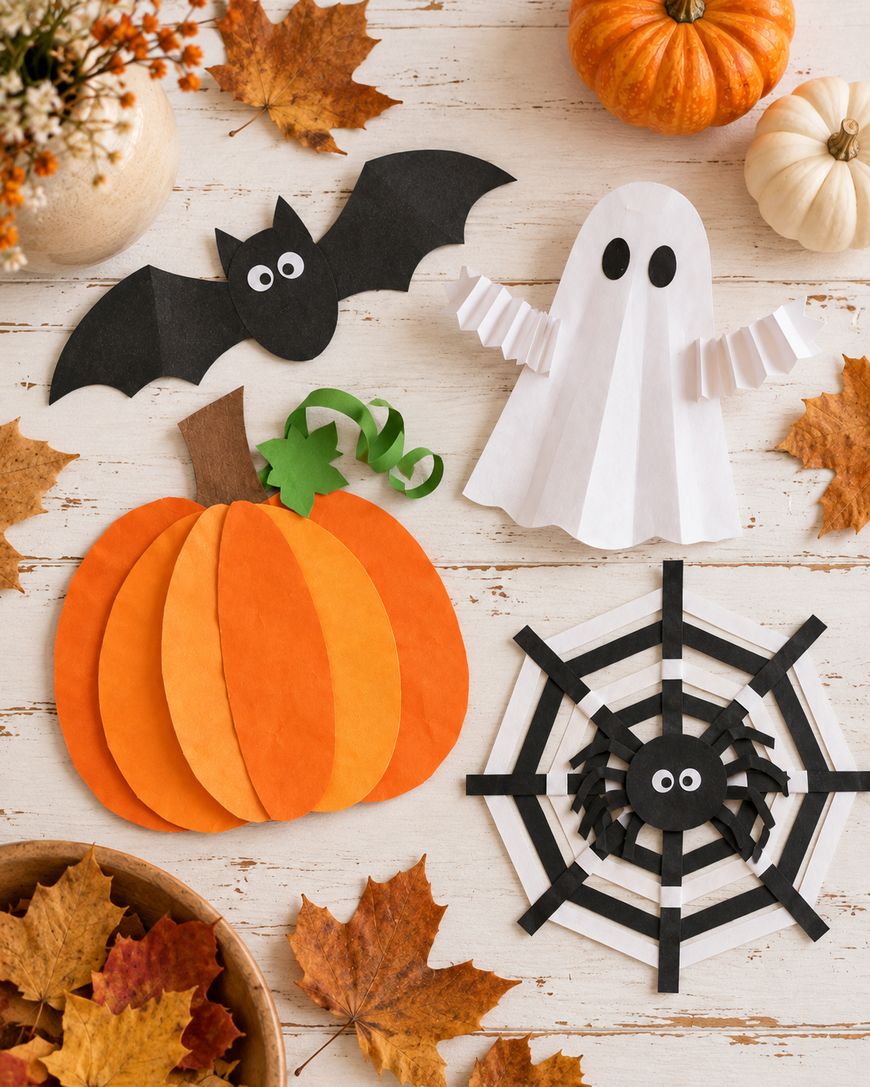 Paper Halloween crafts including a bat, a ghost, a pumpkin, and a spider on a web, surrounded by dried autumn leaves and small pumpkins on a wooden surface.