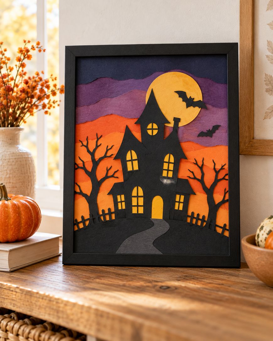 Layered paper craft art in a black frame depicting a haunted house, bare trees, a large moon, and bats against a sunset sky.
