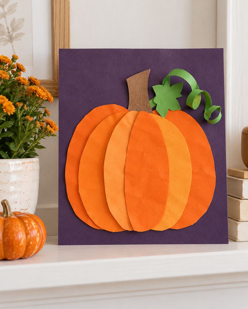 A paper craft of an orange pumpkin on a purple background, displayed on a mantel next to a potted plant and a small decorative pumpkin.