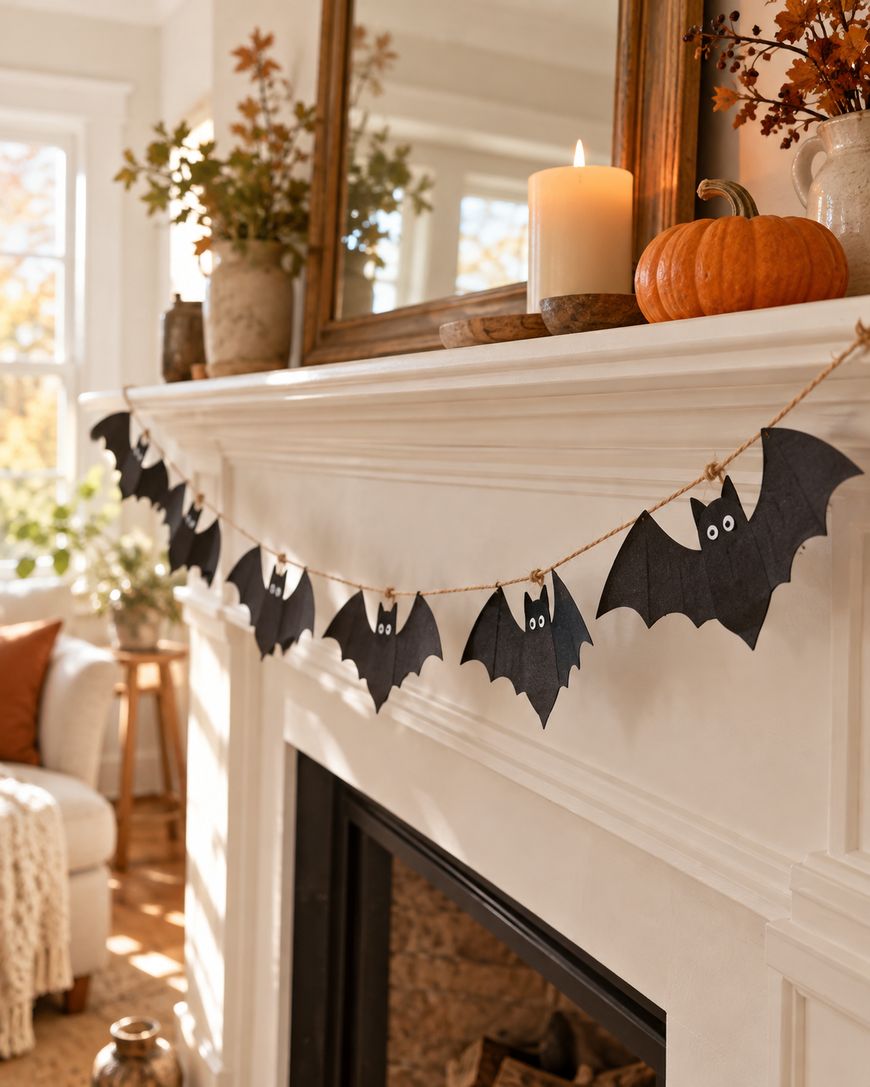 Paper bat garland hanging across a white fireplace mantel decorated with a pumpkin, a candle, and dried greenery.