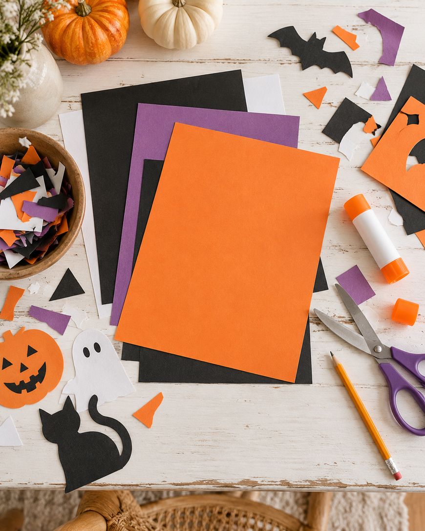Craft supplies for Halloween paper projects, including colored cardstock, paper cutouts of a pumpkin, ghost, and cat, glue stick, scissors, and a bowl of confetti scraps on a white table.