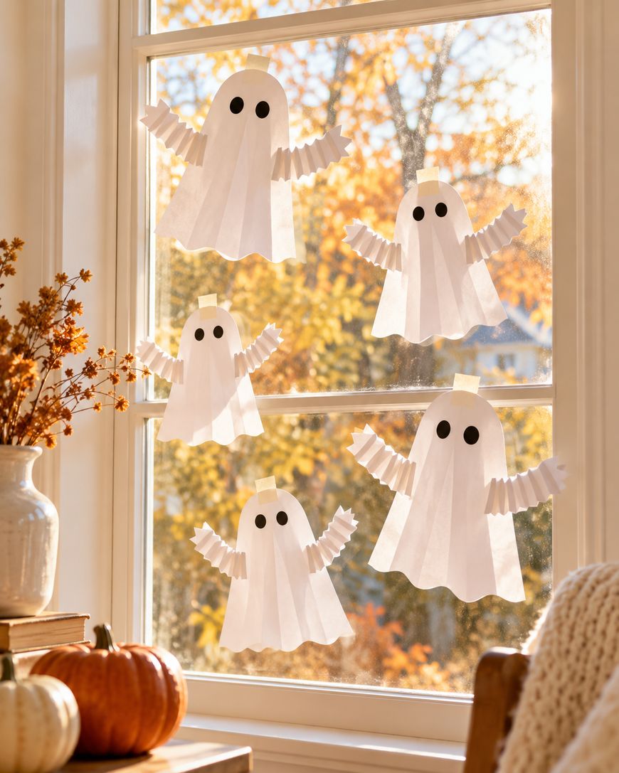 Five paper ghosts made from coffee filters are taped to a window pane, with autumn trees visible outside.