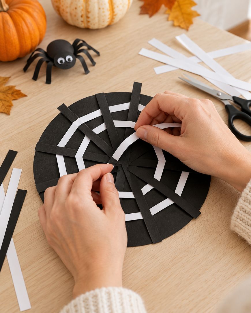 Hands weaving thin white paper strips into a black paper spider web craft.