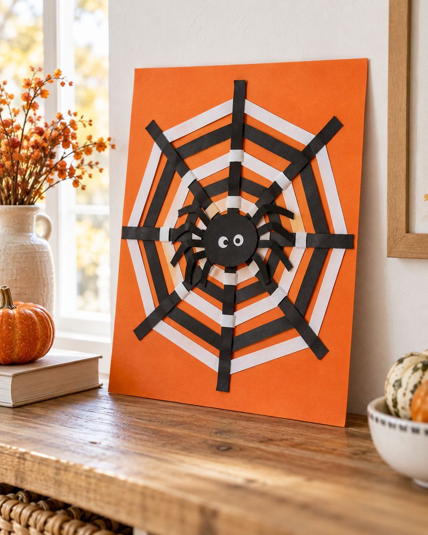 A paper craft of a spider on a web made from strips of black and white paper, mounted on an orange background.