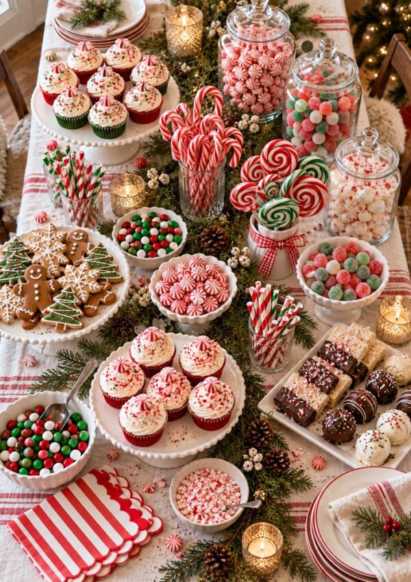 A holiday table spread featuring gingerbread cookies, cupcakes, candy canes, assorted festive sweets in glass jars, and chocolate-dipped treats.