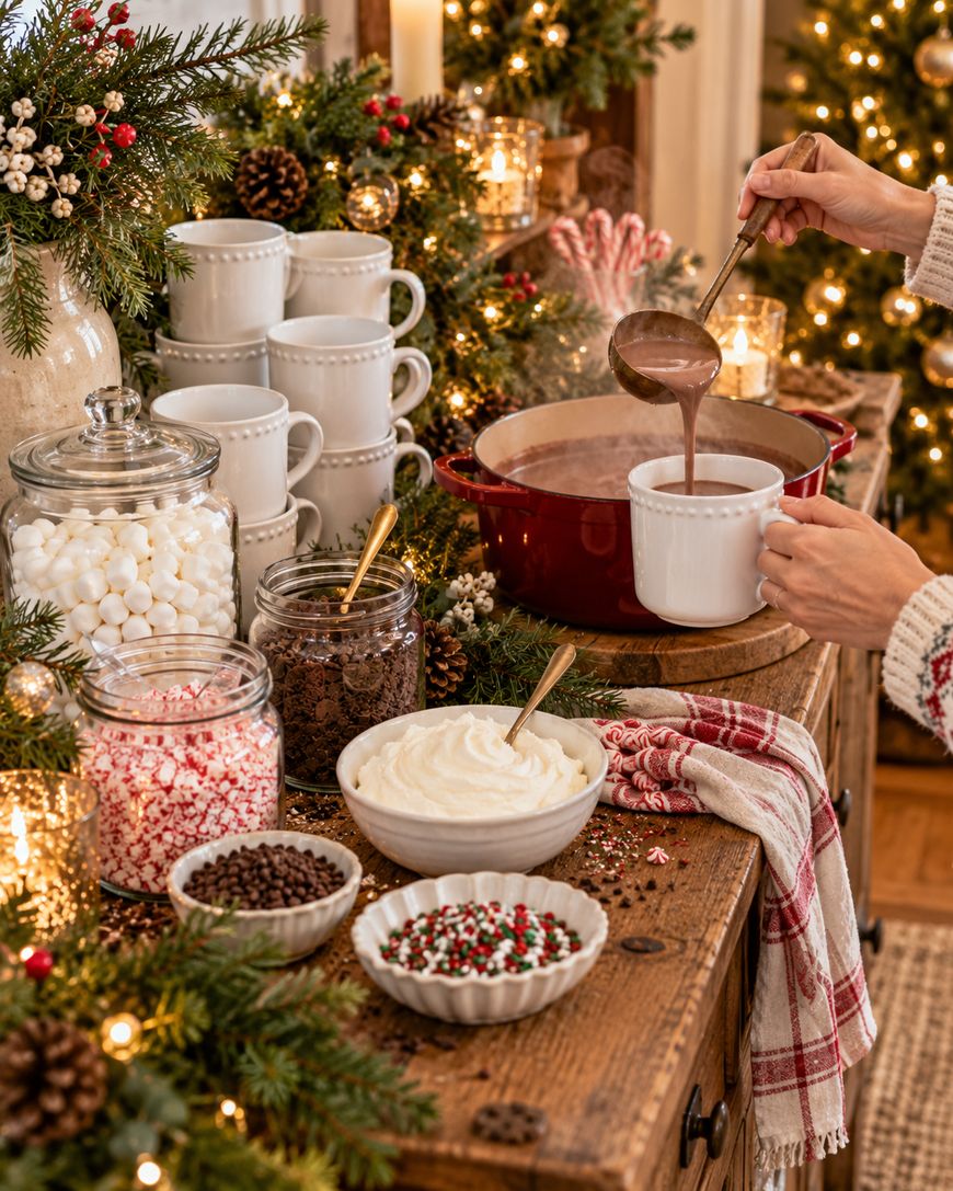 A person pours hot chocolate from a ladle into a white mug at a holiday cocoa station featuring bowls of whipped cream, peppermint pieces, and chocolate chips.