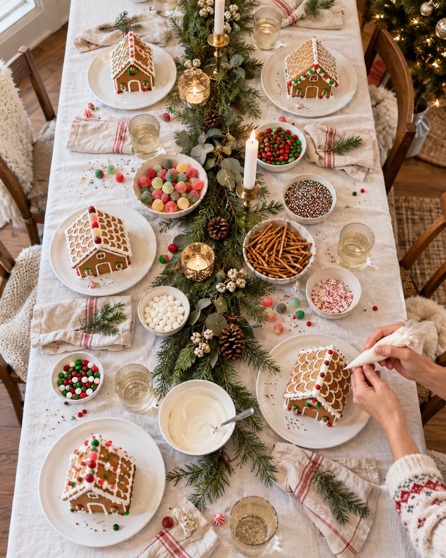 Hands decorate a gingerbread house on a dining table set with multiple gingerbread houses, bowls of colorful candies, and a decorative evergreen garland.